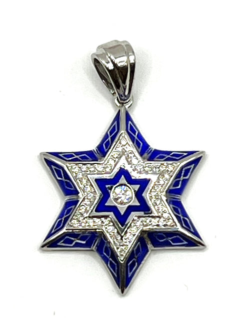 14K Gold & Diamond With Blue Enamel Star of David Necklace